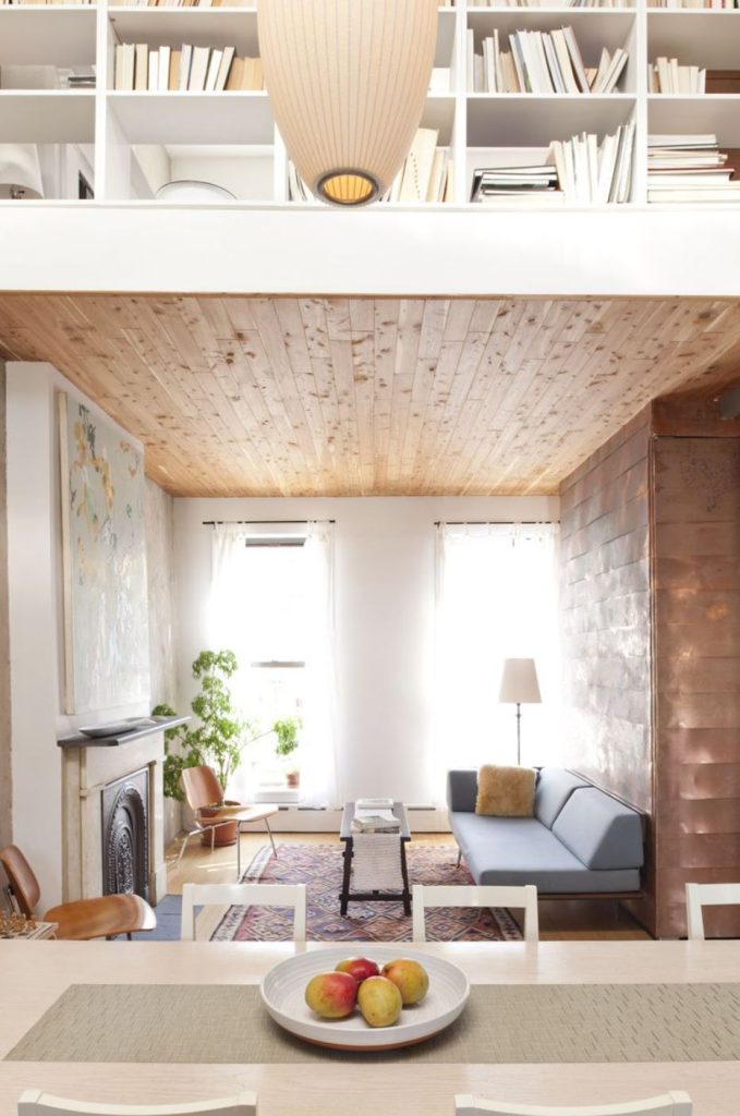 Prospect Heights House - living room with cedar ceiling